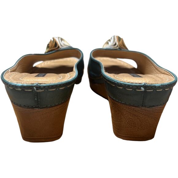 GOOD CHOICE Sydney Size 7.5 Turquoise Slip On Wedge Heel Sandals Floral Flower - Picture 4 of 14
